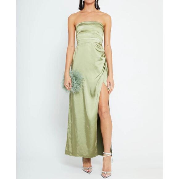 o.p.t Sage Green Strapless Satin Maxi Dress – Side Slit Formal Gown Size Medium - Picture 1 of 11
